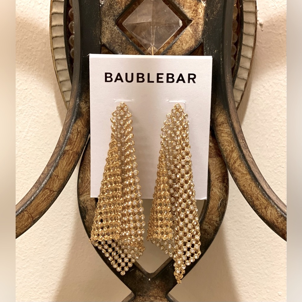 NWT *BAUBLEBAR* Gold 3.5” Curtain Earrings … Embellished w/Rhinestones